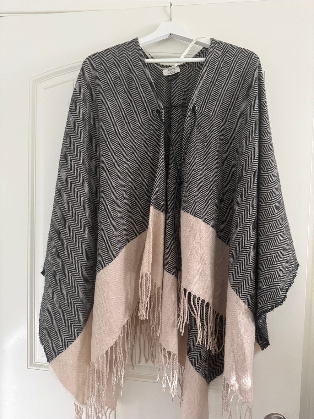 Herringbone Fringe Shawl Poncho in Black and Blush